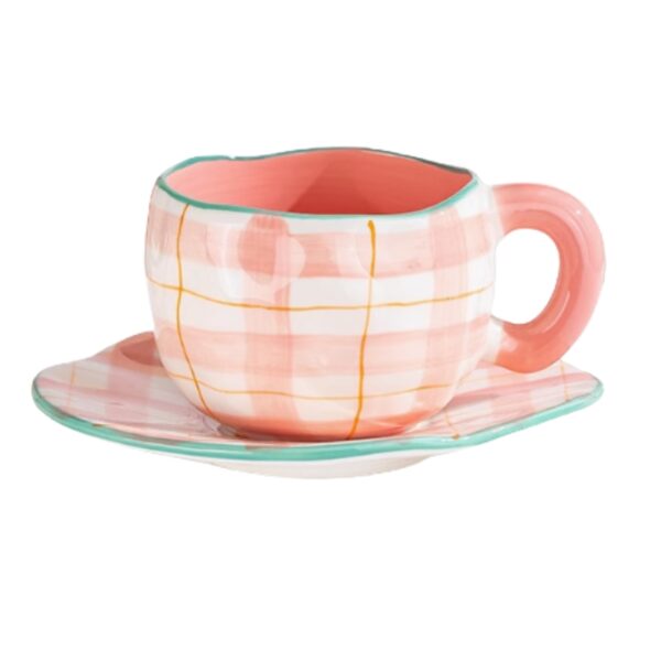 Hand Painted Ceramic Tea Cup And Saucer Set, Pink Checkered Design - Image 1