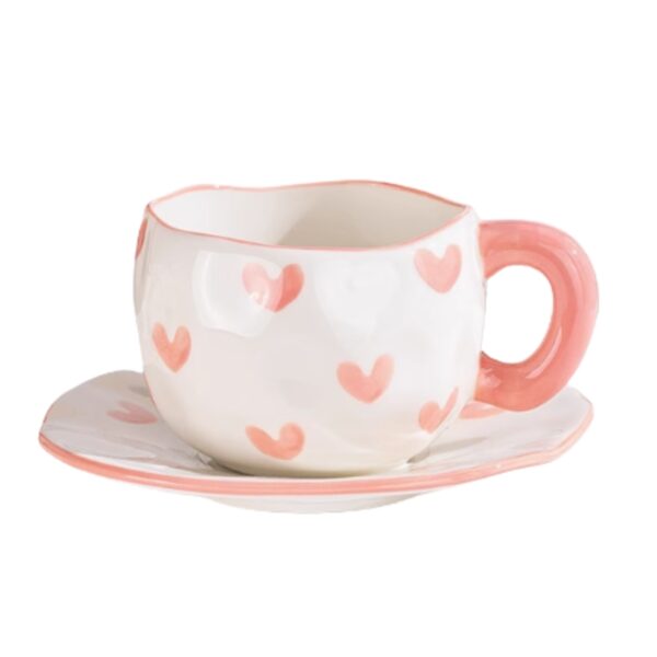 Hand-Painted Ceramic Tea Cup And Saucer Set, Pink Heart Design - Image 1