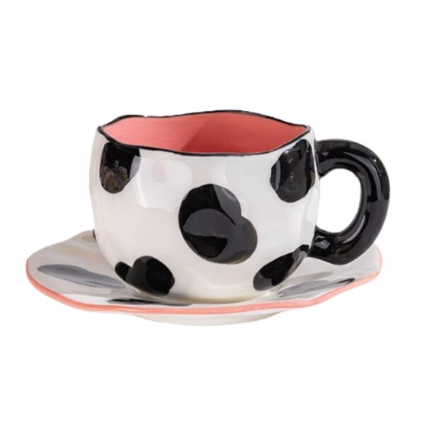Hand Painted Floral Tea Cup and Saucer Set Ceramic Pink and Black Heart Design - Image 1