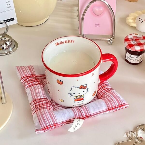 Hello Kitty Ceramic Coffee Mug, White With Red Trim, Apple Pattern Design - Image 2