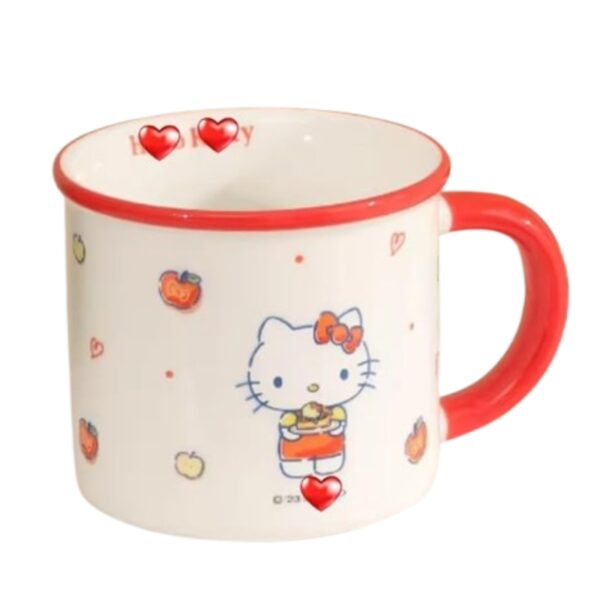 Hello Kitty Ceramic Coffee Mug, White With Red Trim, Apple Pattern Design - Image 1