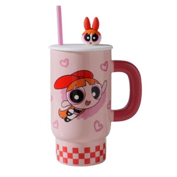 Powerpuff Girls Ceramic Mug With Lid And Straw 850ml - Image 1