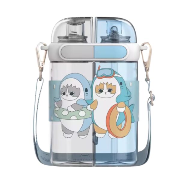 Mofusand Kids Water Bottle With Cartoon Cat Design, Dual Chamber, Portable Strap 640ml - Image 1