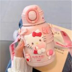 Sanrio Hello Kitty Kids Water Bottle With Strap, Insulated Stainless Steel, Pink And White - Image 2