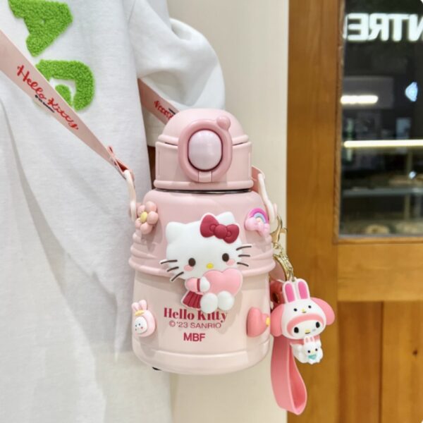 Sanrio Hello Kitty Kids Water Bottle With Strap, Insulated Stainless Steel, Pink And White - Image 3