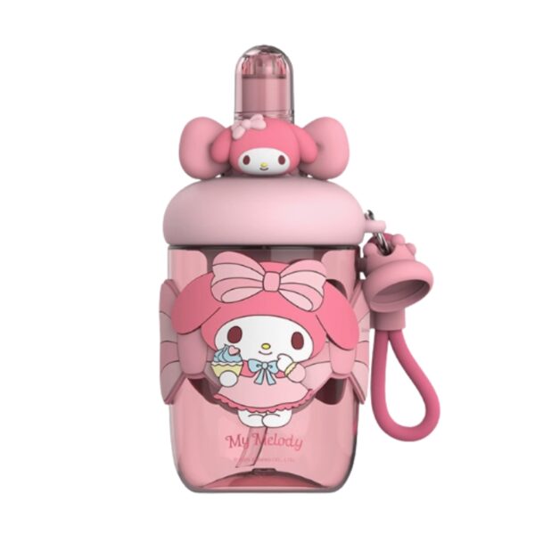 Sanrio My Melody Kids Water Bottle, Pink Cartoon Design with 3 D Figure Top and Portable Drinks Container with Strap 650ml - Image 1
