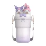 Kawaii Character Water Bottle with Decorative Lid Insulated Stainless Steel, Portable Drink Container with Shoulder Strap